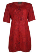 CANDA RED WITH BLACK FLOWERY PRINT TUNIC SHORTSLEEVE  CHIFON OPEN FRONT BLOUSE