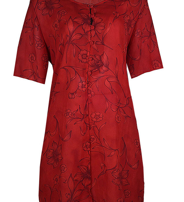 CANDA RED WITH BLACK FLOWERY PRINT TUNIC SHORTSLEEVE CHIFON OPEN FRONT BLOUSE