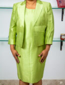 KASPER DESERT AVOCADO RAW SILK DRESS WITH JACKET WITH PLEATED WAIST