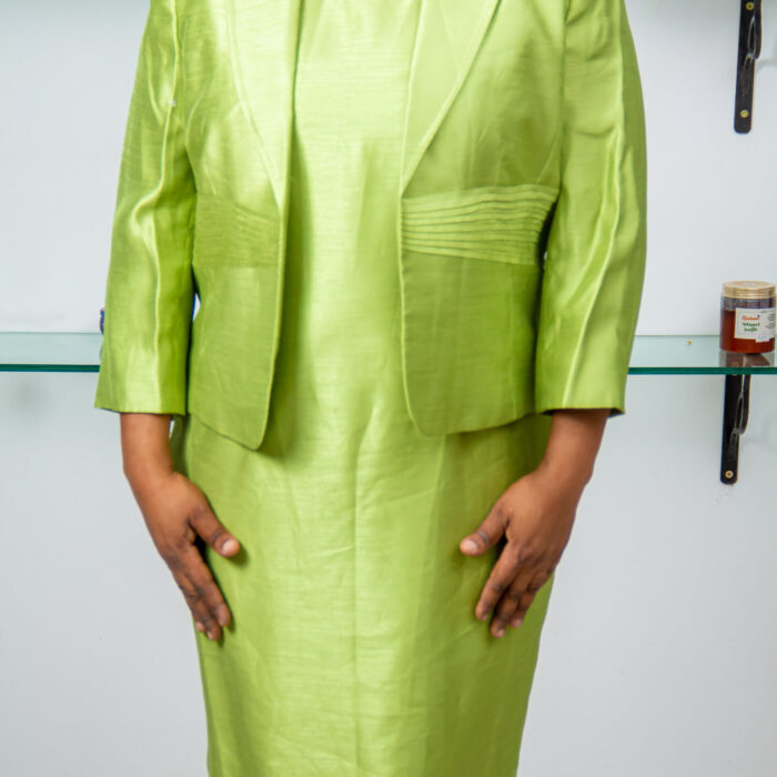 KASPER DESERT AVOCADO RAW SILK DRESS WITH JACKET WITH PLEATED WAIST