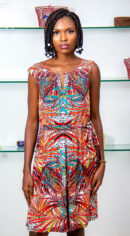 ELLEN TRACY CARTON BASE WITH MULTICOLOR FLORAL PRINT SLEEVELESS DRESS WITH MATCHING BELT