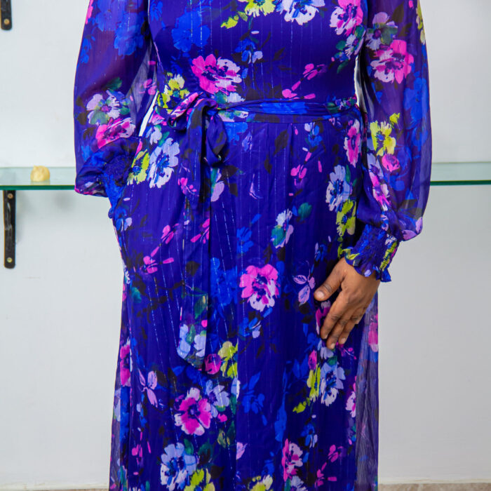 JESSICA HOWARD BLUE CHIFON FLORAL PRINT LONGSLEEVE V-NECK DRESS WITH MATCHING BELT