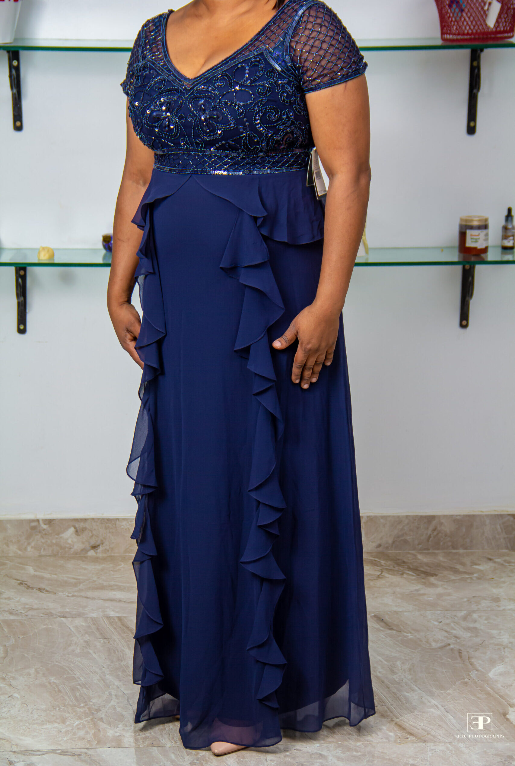 ADRIANNA PAPPEL NAVY BLUE FULLY BEADED BODICE AND SLEEVES CHIFON EVENING GOWN - Image 2