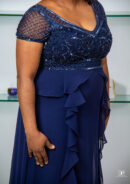 ADRIANNA PAPPEL NAVY BLUE FULLY BEADED BODICE AND SLEEVES CHIFON EVENING GOWN