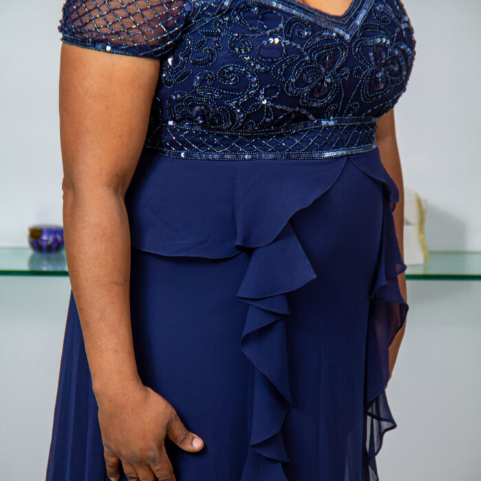 ADRIANNA PAPPEL NAVY BLUE FULLY BEADED BODICE AND SLEEVES CHIFON EVENING GOWN