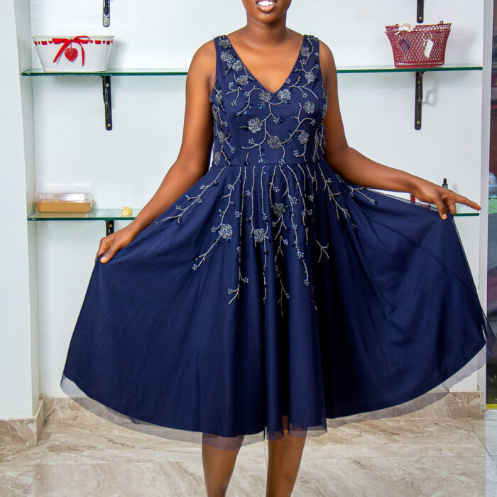 ADRIANNA PAPPEL NAVY BLUE FLORAL SEQUENCE EVENING GOWN