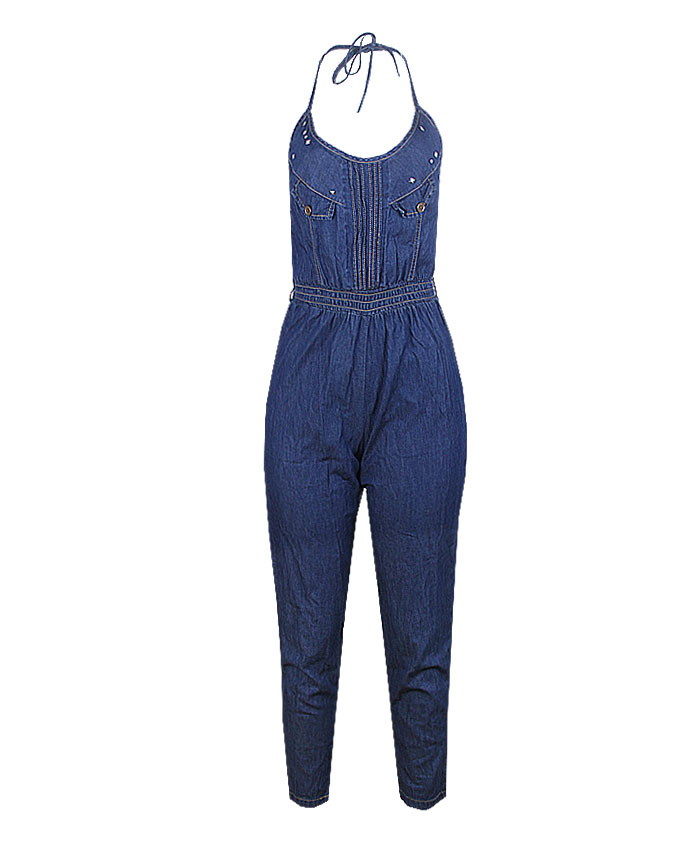 HOT SWAG DENIM TIE NECK JUMPSUIT WITH SILVER STUDDS - Image 5