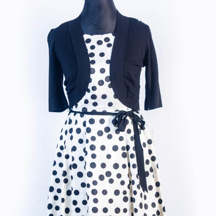 JESSICA HOWARD IVORY RAW SILK WITH BLACK POLKA DRESS AND BLACK CARDIGAN