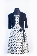 JESSICA HOWARD IVORY RAW SILK WITH BLACK POLKA DRESS AND BLACK CARDIGAN