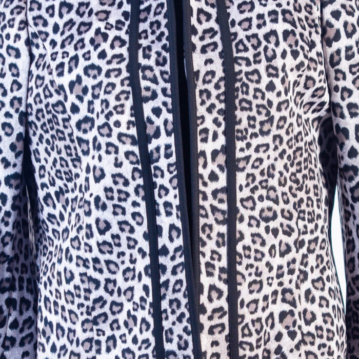 KASPER CHARCOAL LEOPARD PRINT JACKET WITH OPEN FRONT AND BLACK TAPING