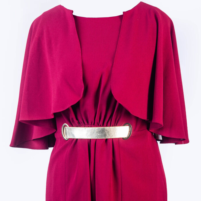 AIDAN WINE MIDI DRESS WITH BUTTERFLY CAPE, SIDE POCKETS AND GOLD PLATED BELT HOLES