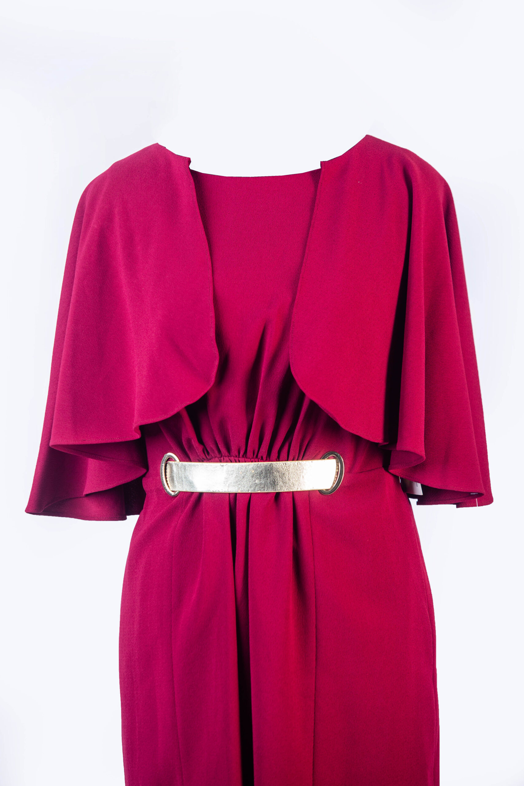 AIDAN WINE MIDI DRESS WITH BUTTERFLY CAPE, SIDE POCKETS AND GOLD PLATED BELT HOLES
