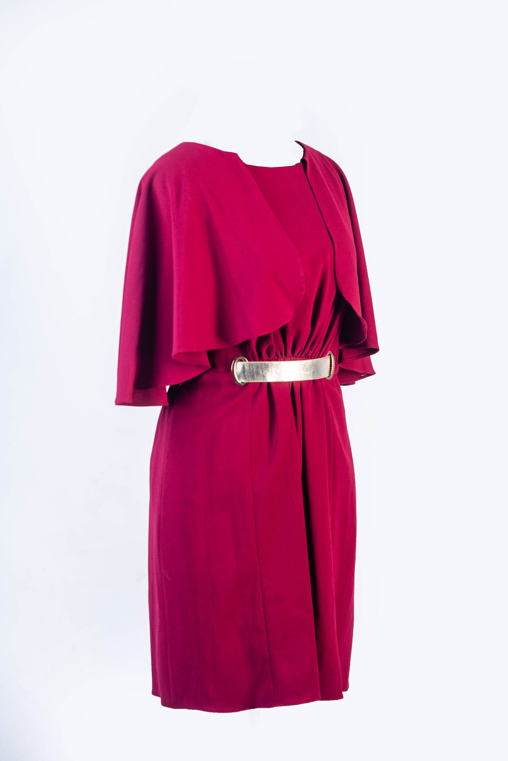 AIDAN WINE MIDI DRESS WITH BUTTERFLY CAPE, SIDE POCKETS AND GOLD PLATED BELT HOLES - Image 5