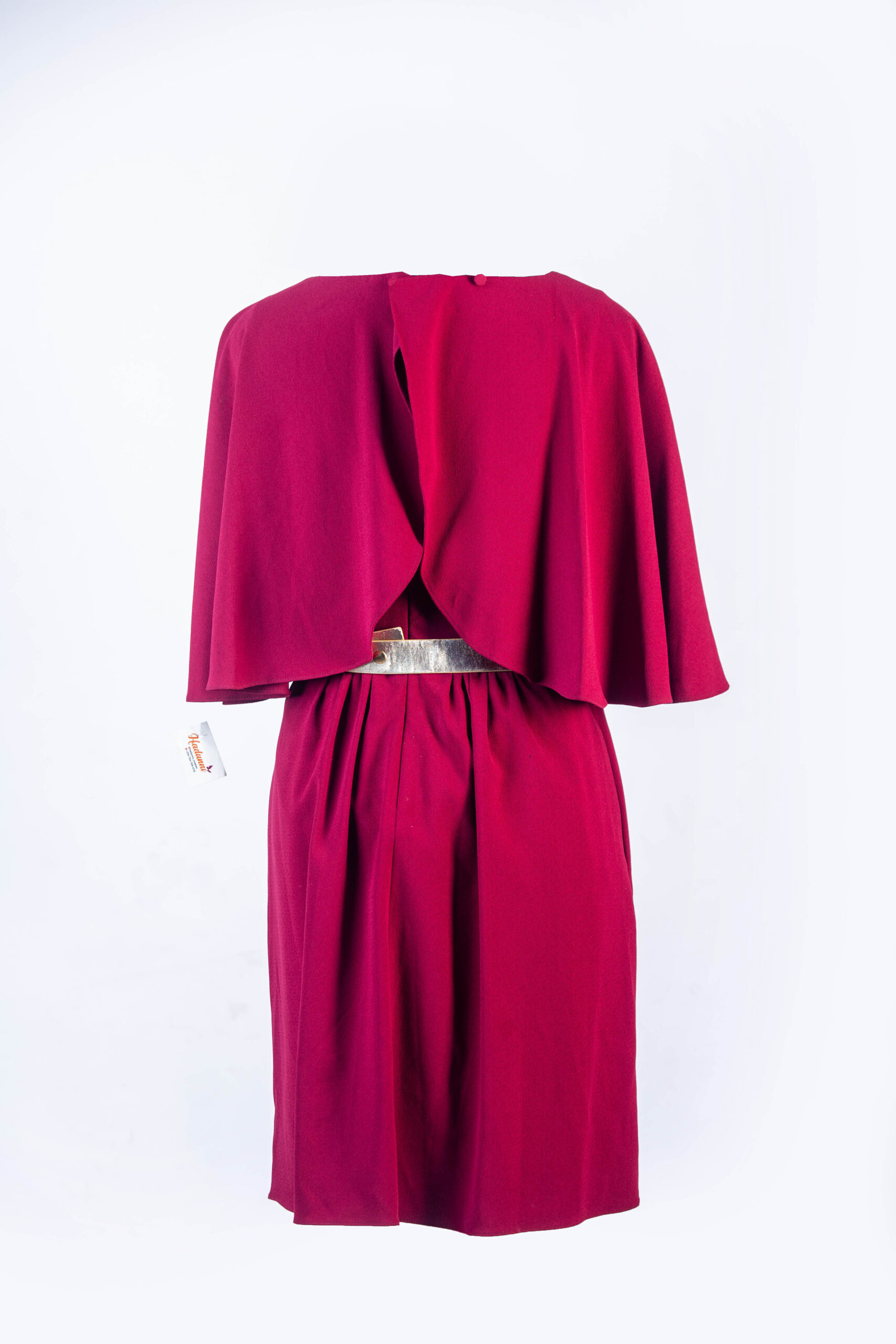 AIDAN WINE MIDI DRESS WITH BUTTERFLY CAPE, SIDE POCKETS AND GOLD PLATED BELT HOLES - Image 4