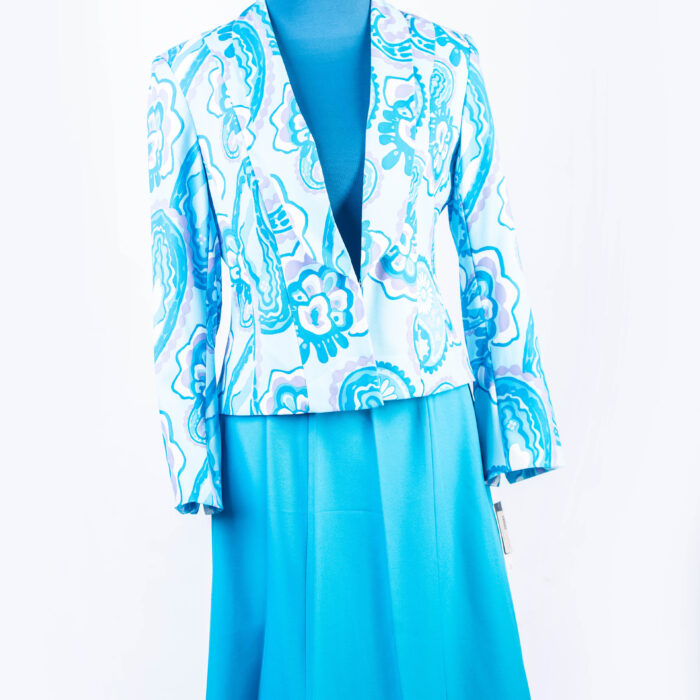 JOHN MEYER GEOPRINT LONGSLEEVE JACKET WITH BLUE MIDI SKIRT
