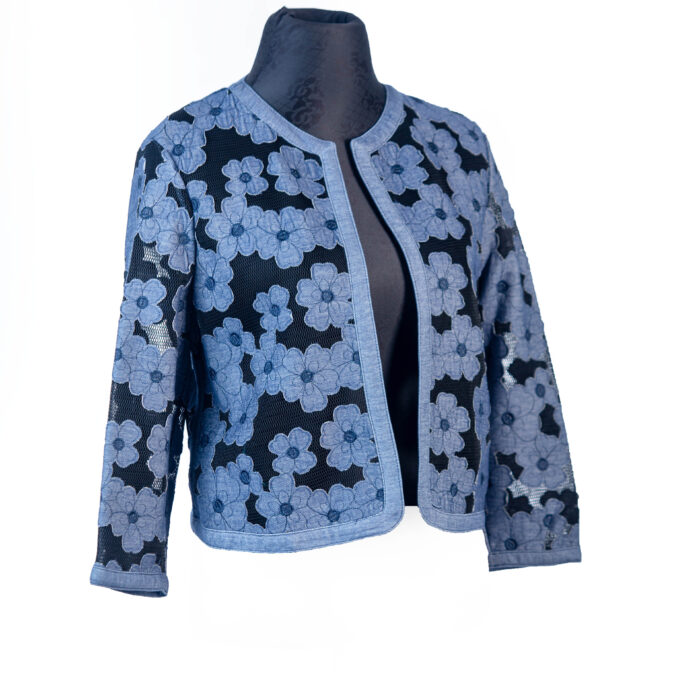 ANNE KLEIN BLACK MESH WITH CHAMBRAY DENIM PETAL DETAIL JACKET