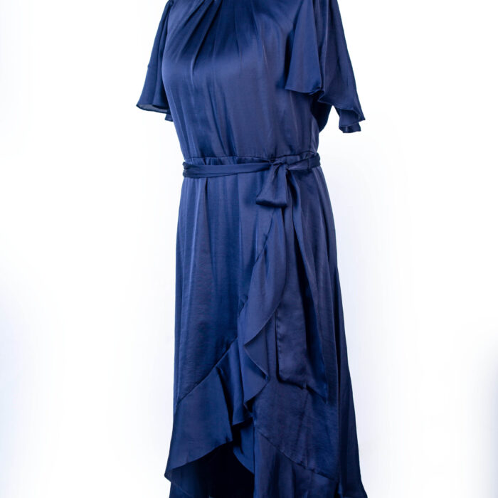 JESSICA HOWARD NAVY BLUE SILK FAUX WRAP BUTTERFLY SLEEVES DRESS