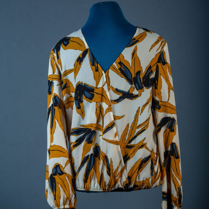 LIPSY CREAM WITH  MUSTARD/BLACK LEAF PRINTS LONGSLEEVE FAUX WRAP TOP