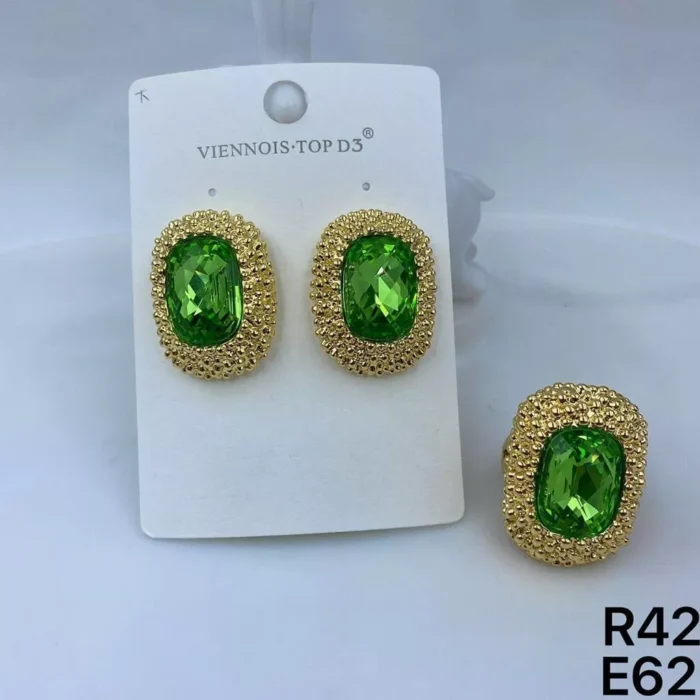 VIENNOIS GOLD STUBB BASE WITH GREEN CRYSTAL STONE CENTER EARRING AND MATCHING RING