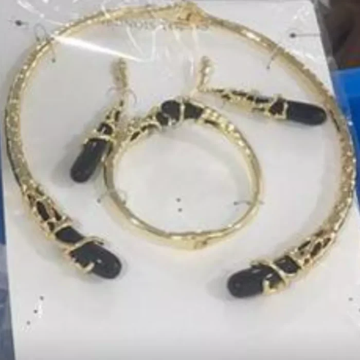 VIENNOIS CLEOPATRA BLACK OVAL BELLS AND GOLD CAST CHOKER WITH BANGLE AND EARRING SET