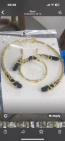 jpg104CSGOLD CLEOPATRA CORD CHAIN WITH BLACK LONG OVAL BELLS AND MATCHING BANGLES AND EAR RING SET