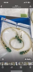 jpg110CSGOLD CLEOPATRA CORD CHAIN WITH GREEN LONG OVAL BELLS AND MATCHING BANGLES AND EAR RING SET