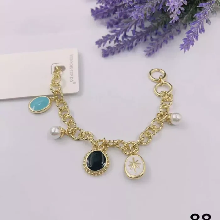 jpg23BGOLD LINKS WITH BLACK BLUE WHITE CERAMIC CHARMSPEARL BALLS BRACELET
