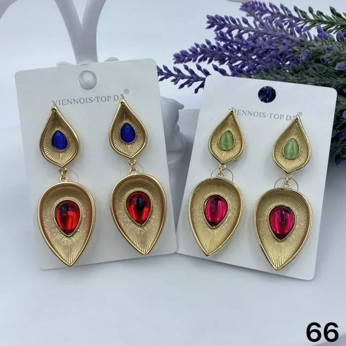 VIENNOIS GOLD OYSTER SHAPE WITH DEEP PINK AND GREEN CRYSTAL STONES DROP EARRING