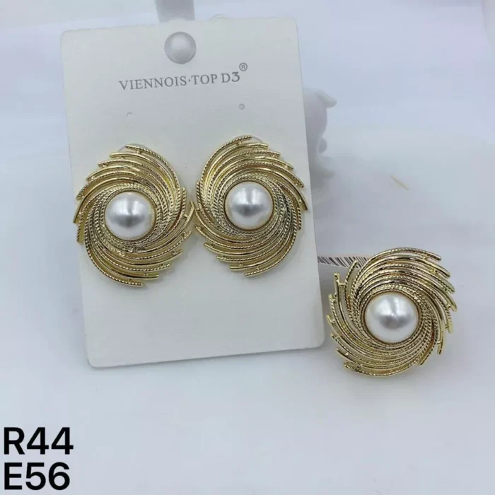 VIENNOIS GOLD SWIRL WITH WHITE PEARL CENTER EARRINGS AND MATCHING GOLD RING