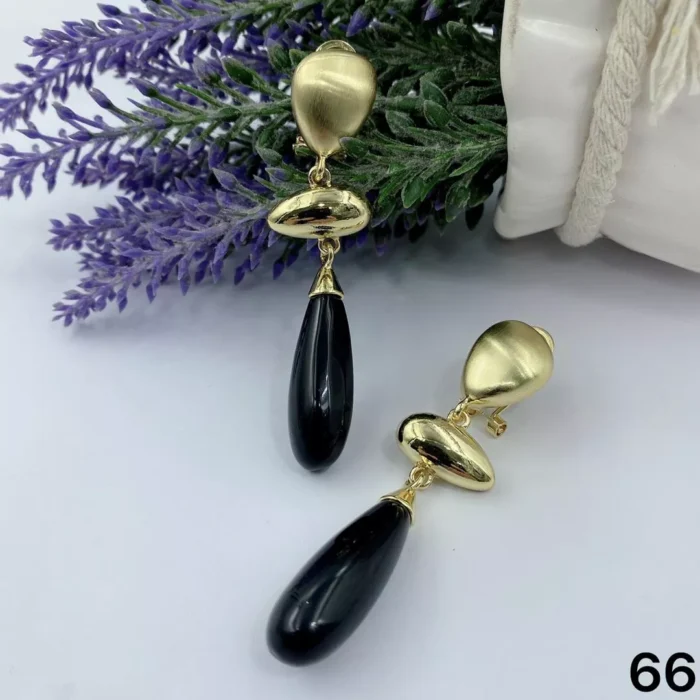VIENNOIS GOLD SMALL OVAL WITH BLACK DROP OVAL BELLS EARRINGS