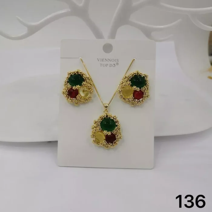 VIENNOIS GOLD STUDDS WITH YELLOW,RED,GREEN CRYSTAL STONES EARRINGS AND MATCHING PENDANT SET
