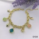 jpg37BGOLD THICK LOOPS WITH GREEN BLUE PEACH SQAURE CRYSTAL STONES GOLD CHARMS BRACELET