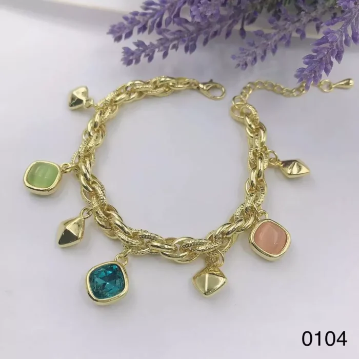 VIENNOIS GOLD THICK LOOPS WITH GREEN BLUE PEACH SQAURE CRYSTAL STONES GOLD CHARMS BRACELET