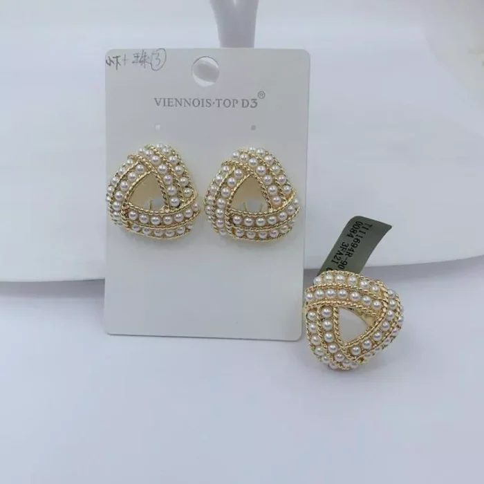 VIENNOIS GOLD TRIANGLE WITH TINY WHITE PEARLS OPEN CENTER EARRINGS AND RING