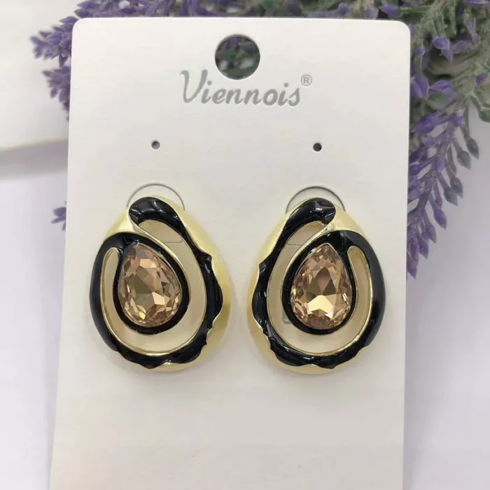 VIENNOIS GOLD WITH BLACK CERAMIC SPIRAL WITH GOLD STONE CENTER EARRING
