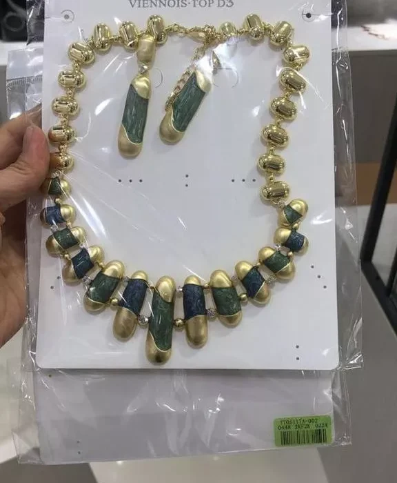 VIENNOIS GOLD WITH TEAL MARBLE AND WHITE STONE CHAIN AND EARRING SET