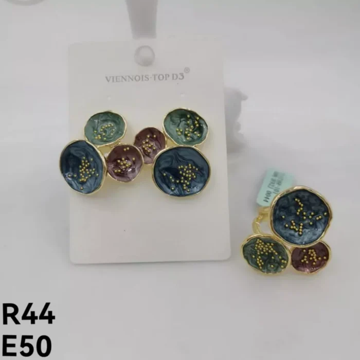 VIENNOIS GREEN,BLUE,PINK PETALS WITH GOLD SEEDS DETAIL EARRINGS AND RING SET