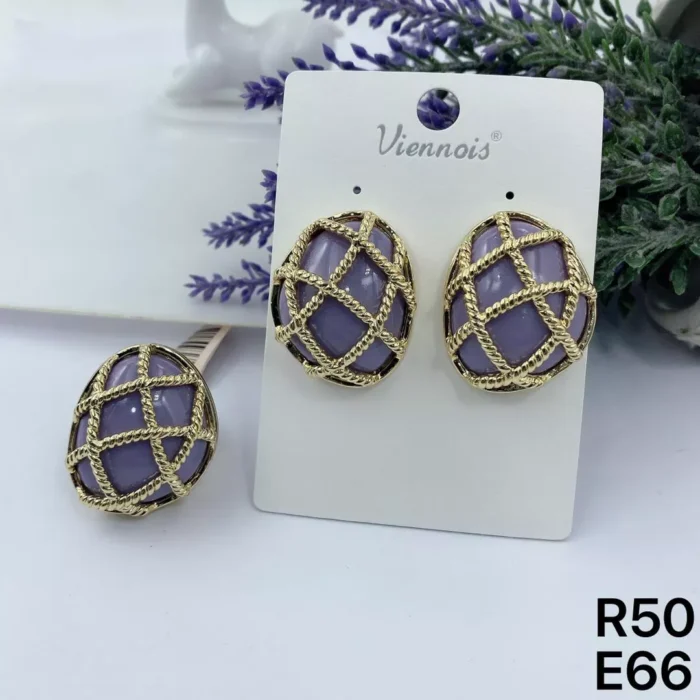 VIENNOIS LAVENDER ODD SHAPE STONE WITH GOLD CAGE EARRING AND RING