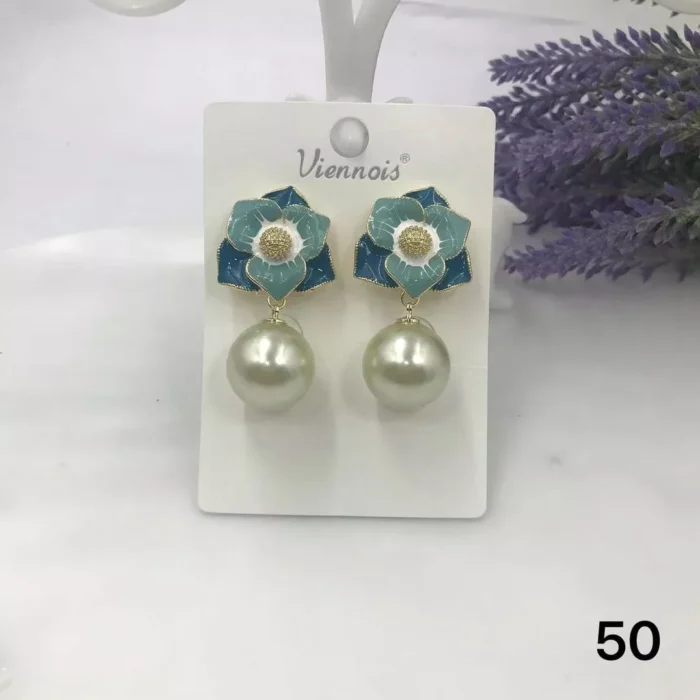 VIENNOIS PEARL BALL WITH TEAL, PALE BLUE AND WHITE PETALS DROP EARRINGS