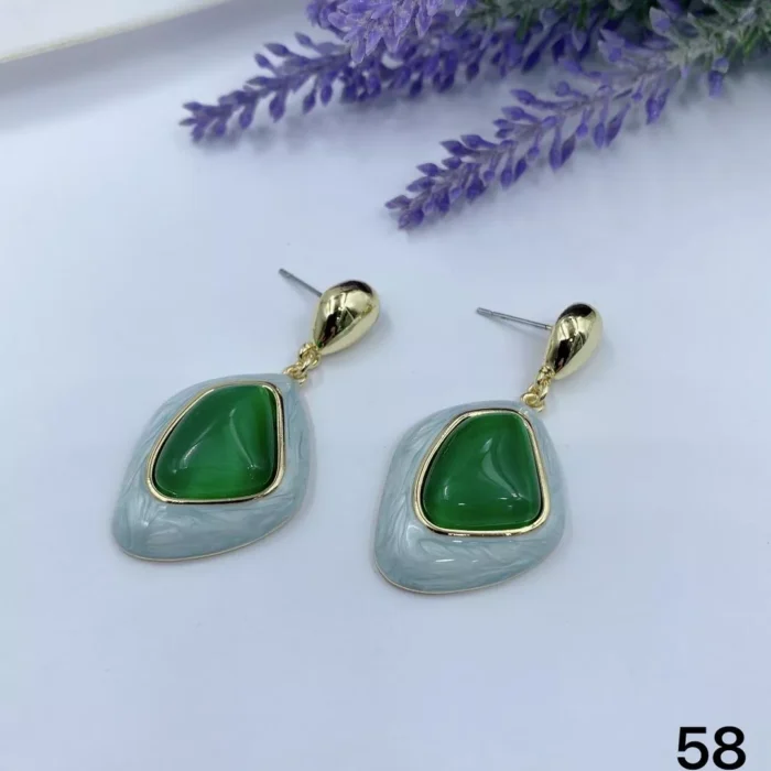 VIENNOIS GOLD WITH MILKY BLUE CERAMIC AND EMARALD CRYSTAL CENTER DROP EARRINGS