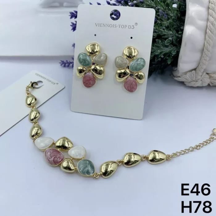 VIENNOIS GOLD OVAL WITH MILKY, PINK,TEAL.BEIGE EARRING AND BRACELET SET