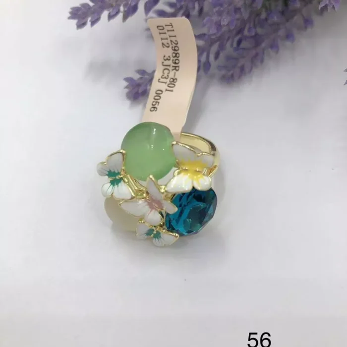 VIENNOIS RING WITH BLUE,GREEN,PEACH STONES WITH GOLD AND WHITE CERAMIC BUTTERFLIES