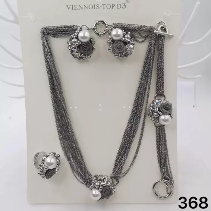 VIENNOIS SILVER MESH CHAIN EARRING WITH WHITE PEARLS, BLACK STONE AND RUSTIC ROSE DETAIL WITH MATCHING EARRING, RING AND BRACELET SET