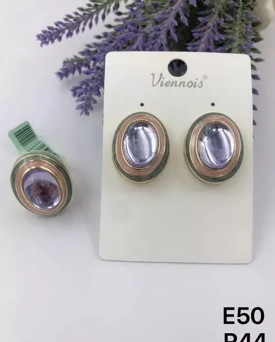 VIENNOIS PINK,GREEN,GOLD CERAMIC OVAL DETAILS WITH LILAC CENTER STONE EARRING AND MATCHING RING