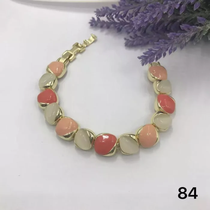 VIENNOIS PINK MILKY,WOMEN, JEWELRY, VIENNOIS, PEACH, PINK, GOLD, BRACELET PEACH STONES ENCASED IN GOLD BRACELET