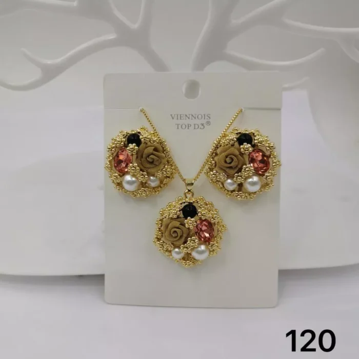 VIENNOIS PINK STONE WITH PEARL BALLS, RUST GOLD EARRING, PENDANT AND CHAIN SET