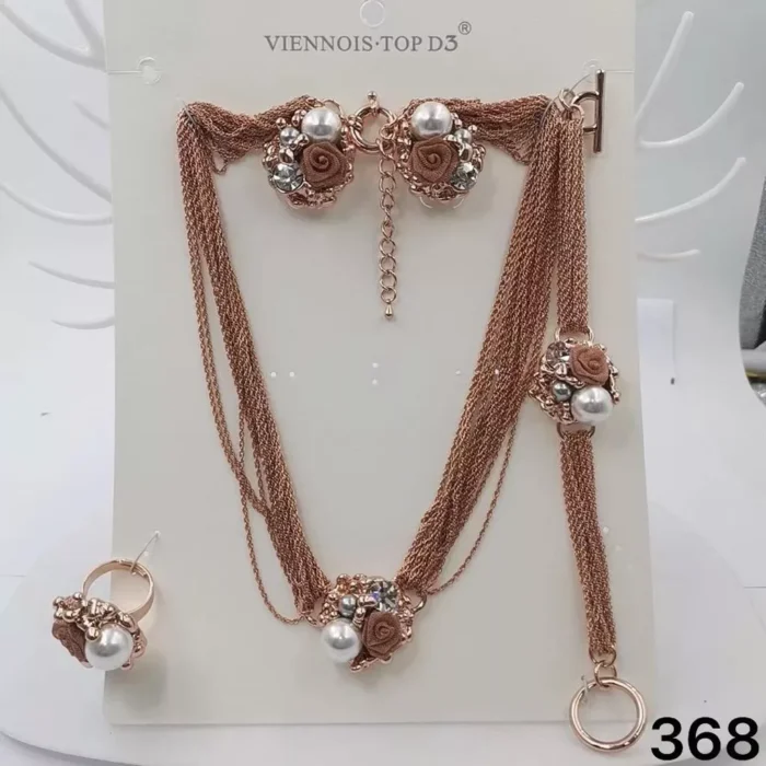VIENNOIS ROSE GOLD TWIRLED CHAIN WITH WHITE/GREY PEARL, STONE AND ROSE DETAIL WITH MATCHING EARRING,BRACELET AND RING SET