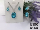 VIENNOIS SILVER CHAIN WITH OVAL SEA BLUE CRYSTAL STONE PENDANT WITH MATCHING EARRINGS SET