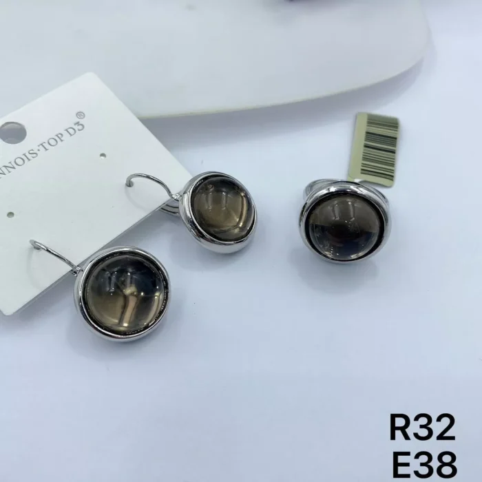 VIENNOIS SILVER WITH BIEGE CENTER CRYSTAL STONE EARRING AND MATCHING RING