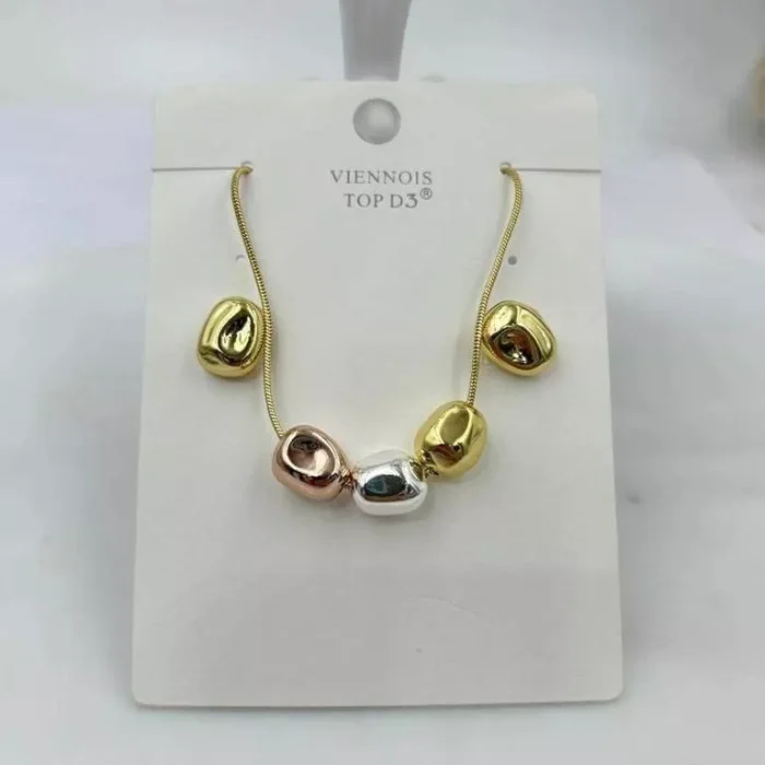VIENNOIS GOLD CHAIN WITH SILVER/ROSE GOLD/GOLD BEAN PENDANTS AND GOLD EARRINGS